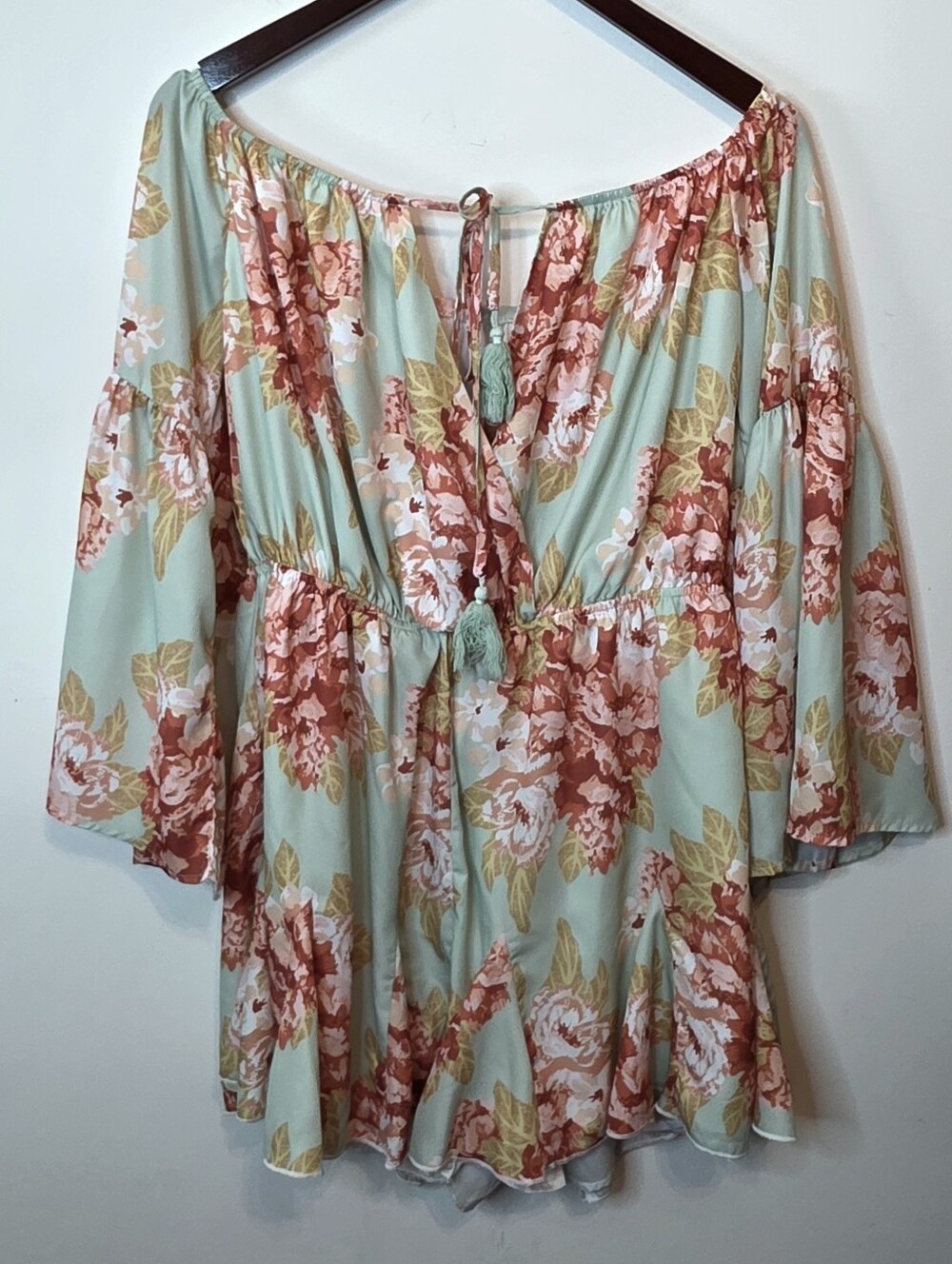 Boho Floral Sage Green Orange Tassel Bell Sleeve Off The Shoulder Romper Size XL